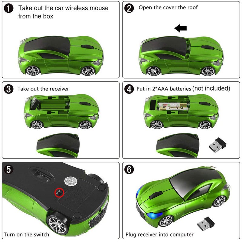 CHUYI Cool Car Shaped Wireless Mouse 1600DPI Portable Small Cordless Mice with USB Receiver for Travel Office Business School Home Gift (Green) - Image 4